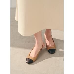 Fabio Rusconi Camel Tan Sling Back Black Patent Cap Toe Kitten Heel 40